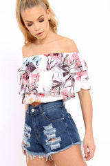 White Floral Print Frill Bardot Crop Top - Pollie-Crop Tops