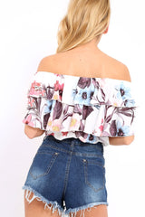 White Floral Print Frill Bardot Crop Top - Pollie-Crop Tops