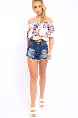 White Floral Print Frill Bardot Crop Top - Pollie-Crop Tops