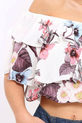 White Floral Print Frill Bardot Crop Top - Pollie-Crop Tops