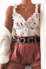 White Floral Print Frill Detail Crop Top - Bellagrace-Crop Tops