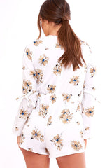 White Floral Print Lace Up Playsuit - Courtney-Playsuits