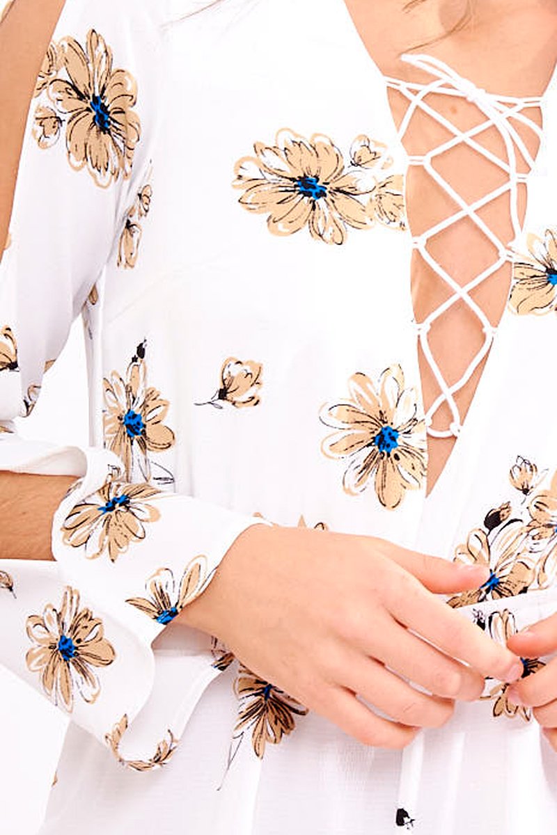 White Floral Print Lace Up Playsuit - Courtney-Playsuits