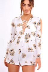 White Floral Print Lace Up Playsuit - Courtney-Playsuits