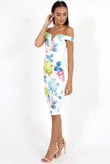 White Floral Print Off the Shoulder Midi Dress - Harmony-Dresses