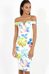 White Floral Print Off the Shoulder Midi Dress - Harmony-Dresses