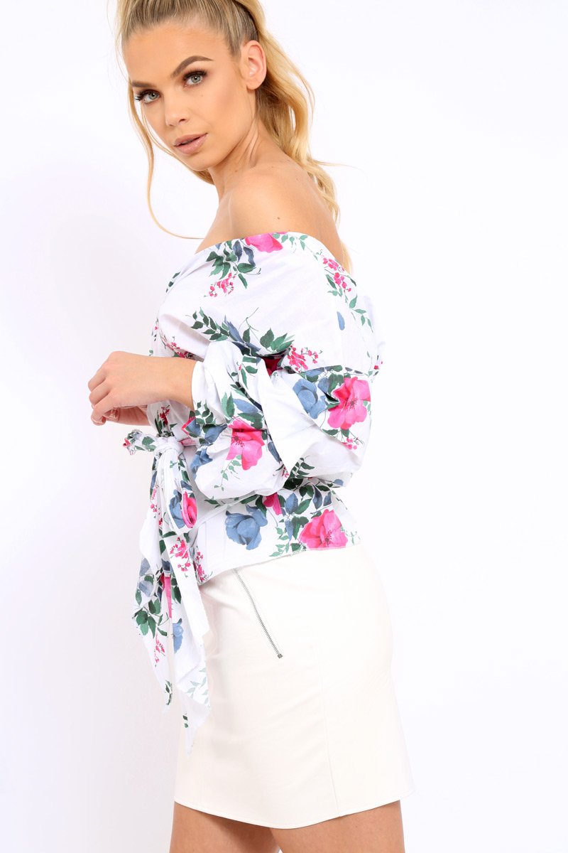 White Floral Print Ruffle Sleeve Wrapover Top - Susie-Tops