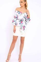 White Floral Print Ruffle Sleeve Wrapover Top - Susie-Tops