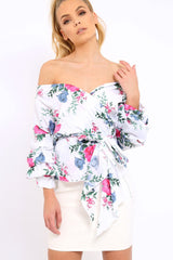 White Floral Print Ruffle Sleeve Wrapover Top - Susie-Tops