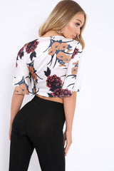 White Floral Print Satin Tie Crop Top - Kynslee-Crop Tops