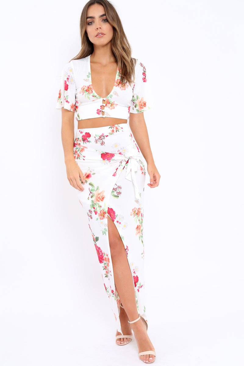White Floral Print Split Maxi Skirt- Shayna-Skirts