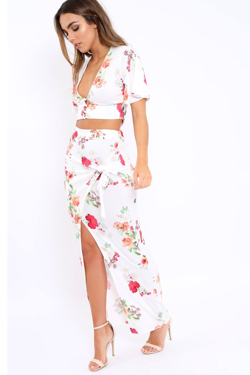 White Floral Print Split Maxi Skirt- Shayna-Skirts