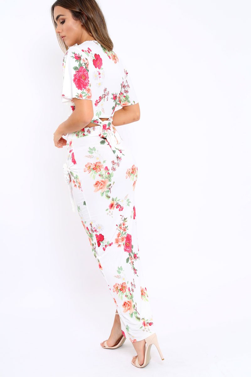 White Floral Print Split Maxi Skirt- Shayna-Skirts