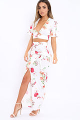 White Floral Print Split Maxi Skirt- Shayna-Skirts
