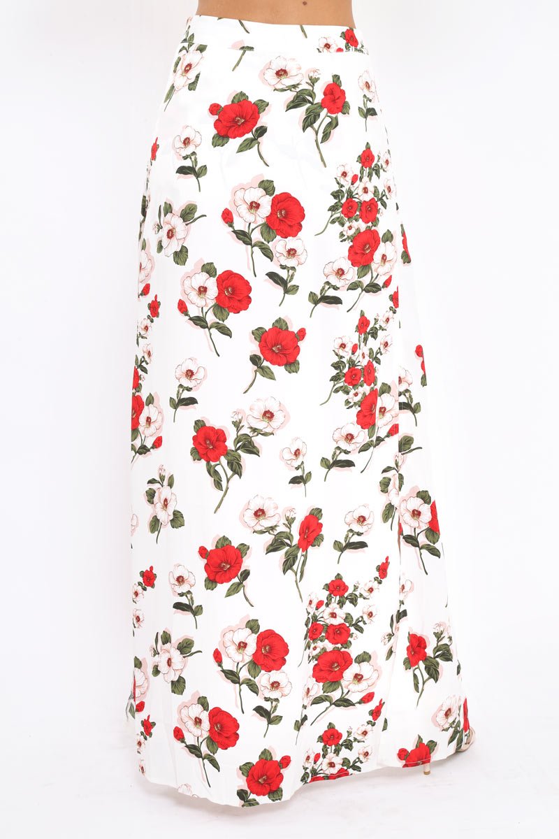 White Floral Print Split Maxi Skirt With Shorts - Kandi-Skorts
