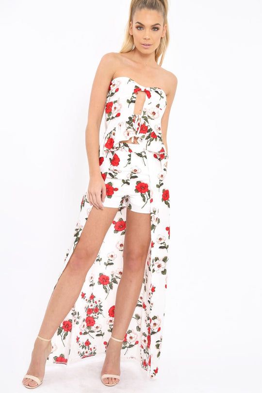 White Floral Print Split Maxi Skirt With Shorts - Kandi