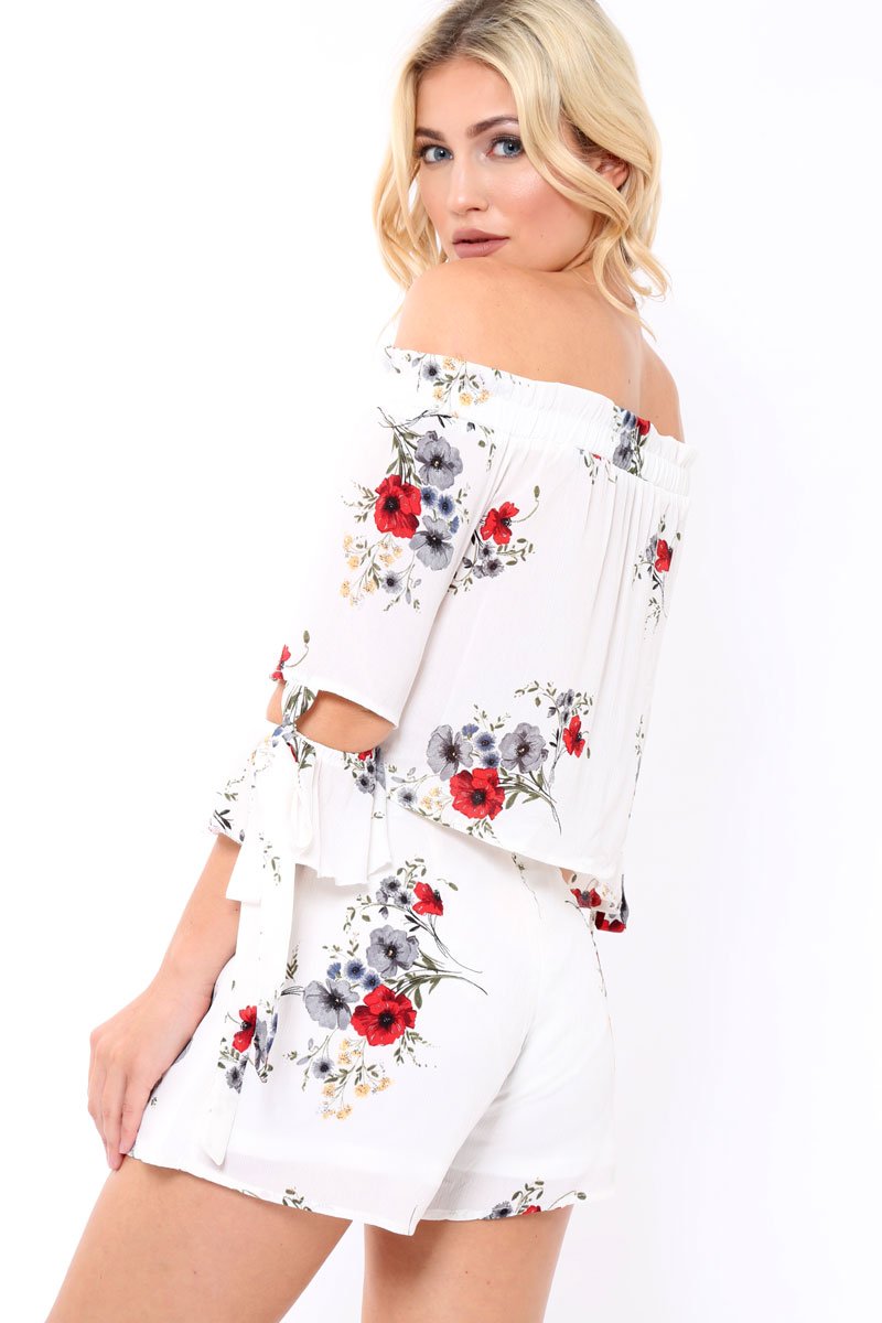 White Floral Print Tie Crop Top- Joney-Crop Tops