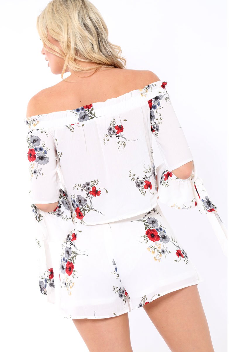 White Floral Print Tie Crop Top- Joney-Crop Tops