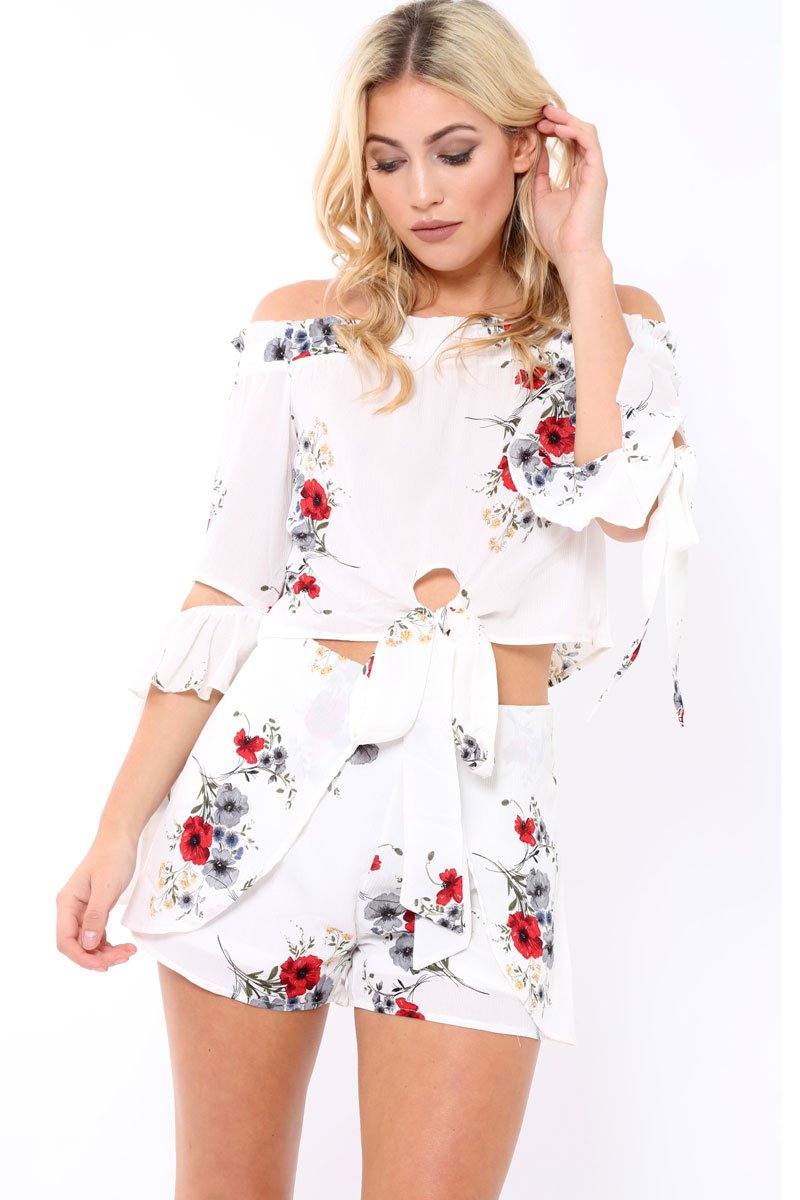 White Floral Print Tie Crop Top- Joney-Crop Tops