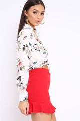 White Floral Print Tie Front Crop Top - Aden-Tops
