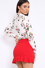 White Floral Print Tie Front Crop Top - Aden-Tops