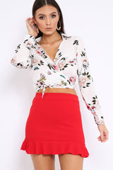 White Floral Print Tie Front Crop Top - Aden-Tops