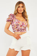 White Floral Puff Sleeve Crop Top - Ellorie-Crop Tops
