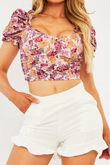 White Floral Puff Sleeve Crop Top - Ellorie-Crop Tops