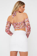 White Floral Ruched Sleeve Crop Top - Deeba-Crop Tops