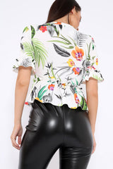 White Floral Ruffle Peplum Top - Kyriee-Tops