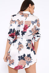 White Floral Satin Shirt Tie Dress - Sophina-Dresses