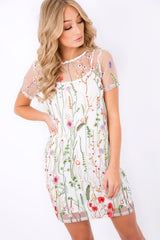 White Floral Sheer Shift Dress - Crystal-Dresses