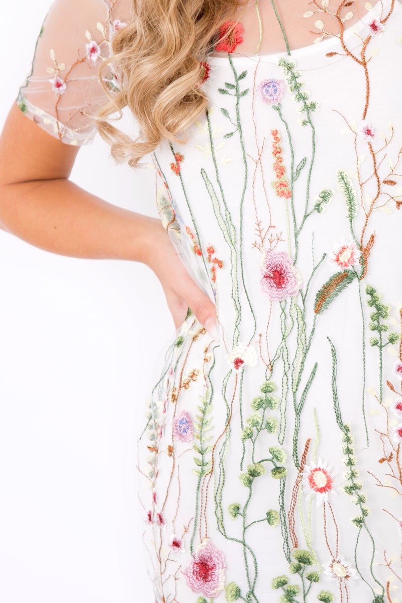 White Floral Sheer Shift Dress - Crystal-Dresses