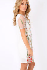 White Floral Sheer Shift Dress - Crystal-Dresses
