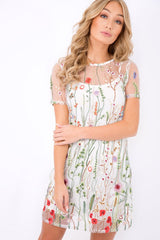 White Floral Sheer Shift Dress - Crystal-Dresses
