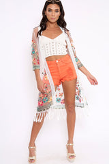 White Floral Sheer Tassel Trim kimono - Jaxon-Kimono