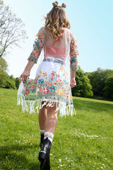 White Floral Sheer Tassel Trim kimono - Jaxon-Kimono