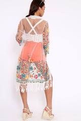 White Floral Sheer Tassel Trim kimono - Jaxon-Kimono