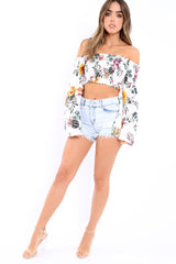 White Floral Shirred Flared Sleeve Top - Jaasia-Tops