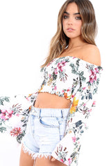 White Floral Shirred Flared Sleeve Top - Jaasia-Tops