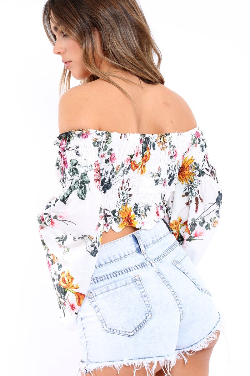 White Floral Shirred Flared Sleeve Top - Jaasia-Tops