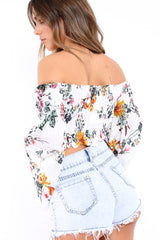 White Floral Shirred Flared Sleeve Top - Jaasia-Tops