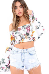 White Floral Shirred Flared Sleeve Top - Jaasia-Tops