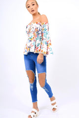 White Floral Smocked Lace Up Off Shoulder Top - Lorrie-Tops