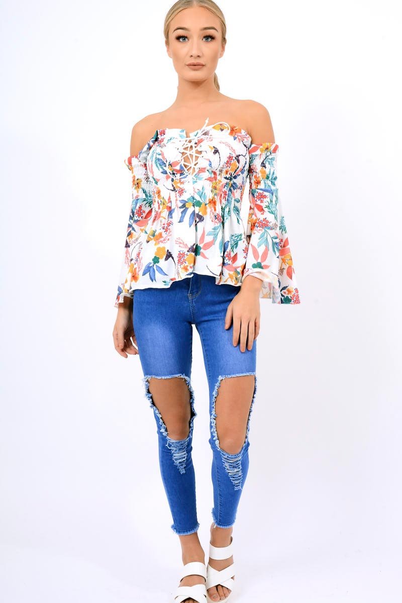White Floral Smocked Lace Up Off Shoulder Top - Lorrie-Tops