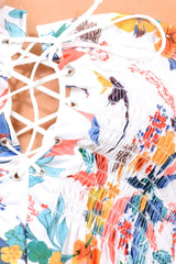 White Floral Smocked Lace Up Off Shoulder Top - Lorrie-Tops