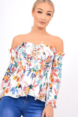 White Floral Smocked Lace Up Off Shoulder Top - Lorrie-Tops