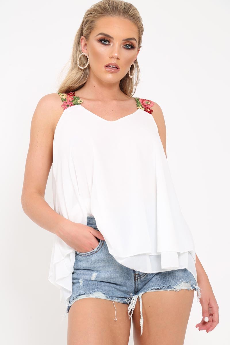 White Floral Strap Tie Back Top - Marlea-Tops