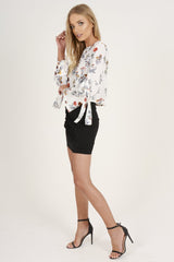 White Floral Tie Bell Sleeve Top - Gemma-Tops