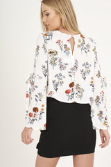 White Floral Tie Bell Sleeve Top - Gemma-Tops